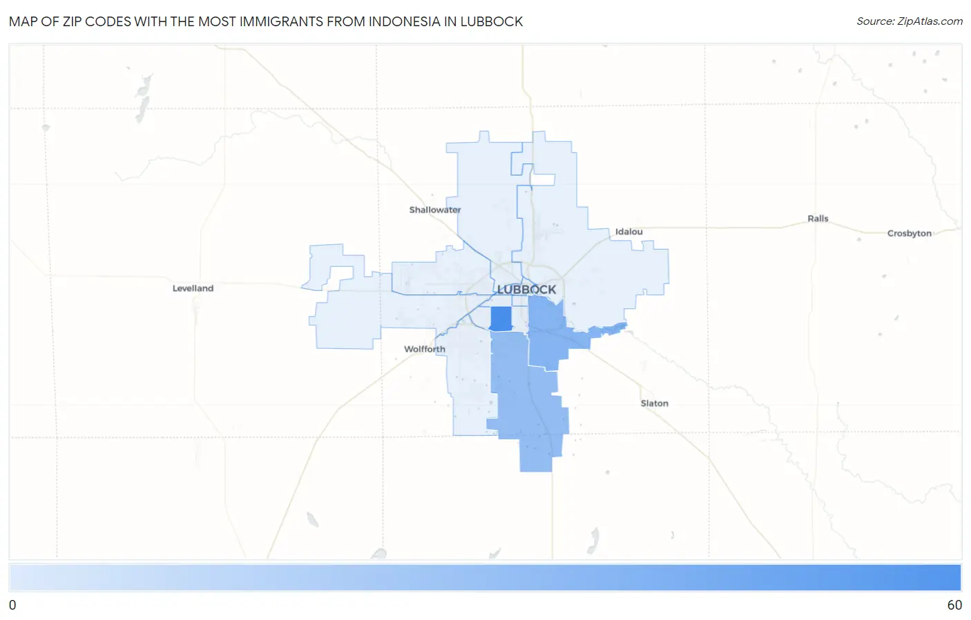 Zip Codes with the Most Immigrants from Indonesia in Lubbock Map