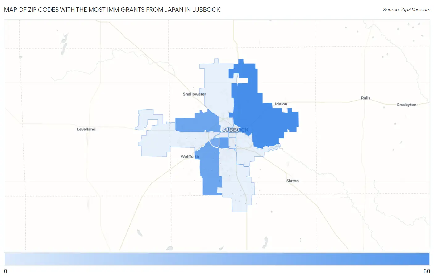 Zip Codes with the Most Immigrants from Japan in Lubbock Map