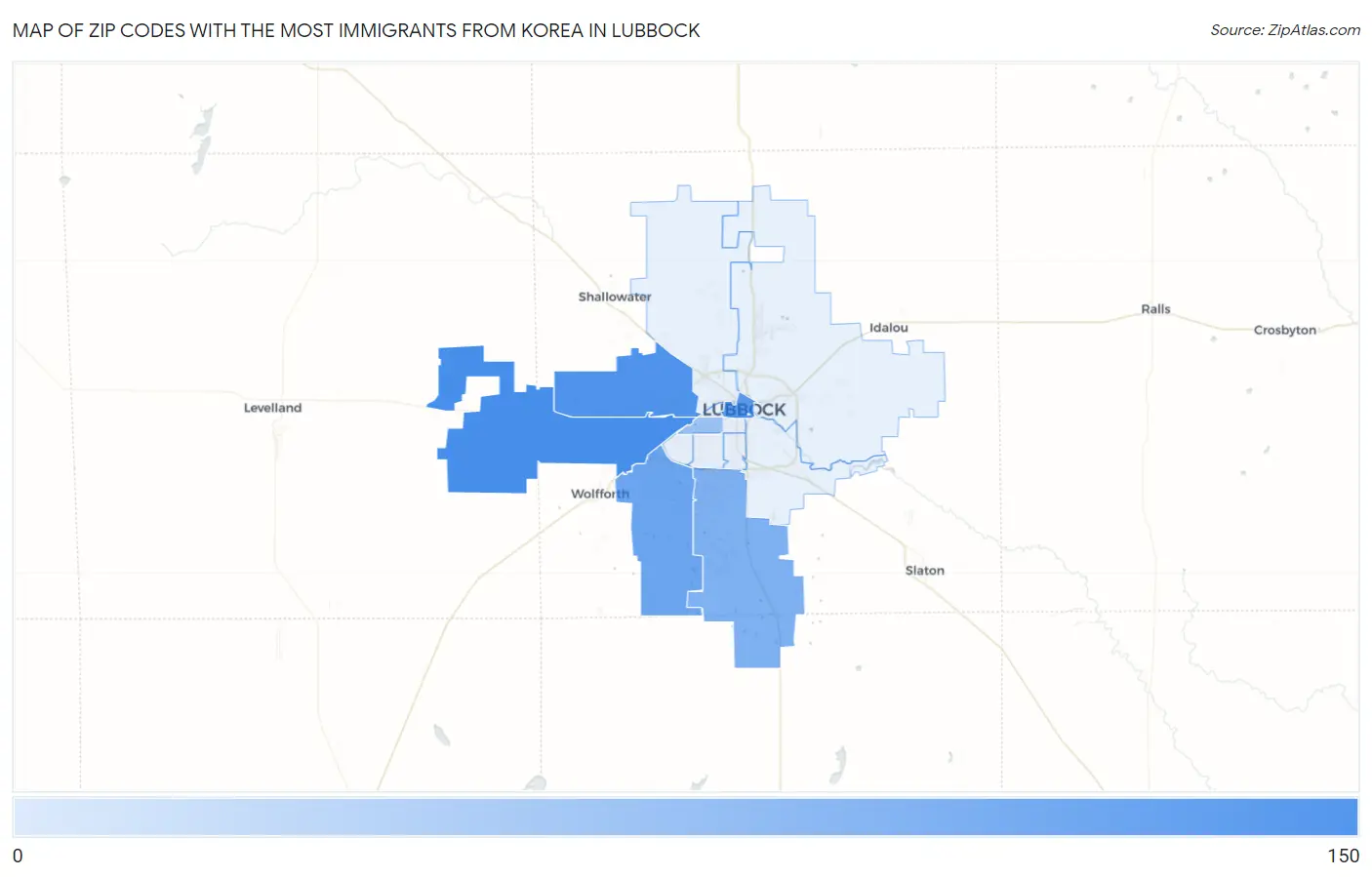 Zip Codes with the Most Immigrants from Korea in Lubbock Map