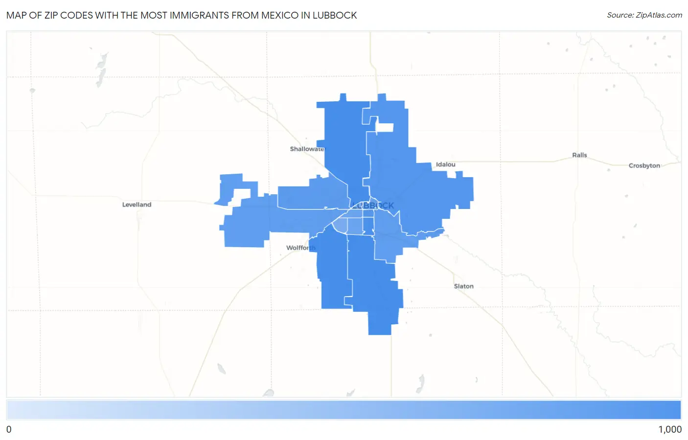 Zip Codes with the Most Immigrants from Mexico in Lubbock Map