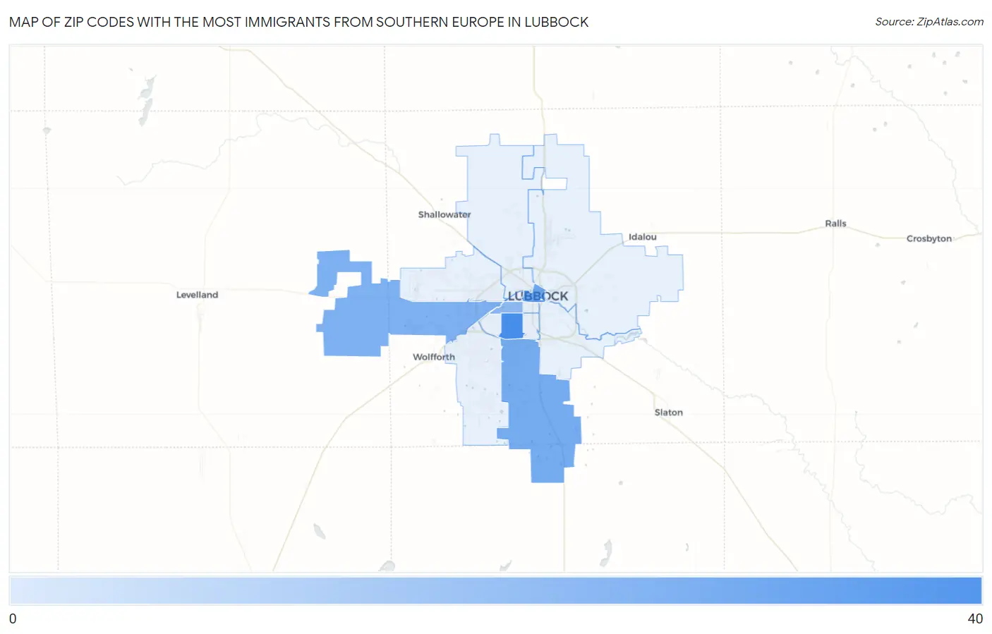 Zip Codes with the Most Immigrants from Southern Europe in Lubbock Map