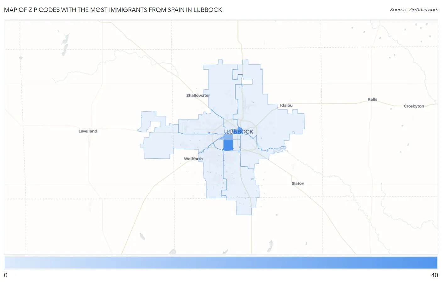 Zip Codes with the Most Immigrants from Spain in Lubbock Map