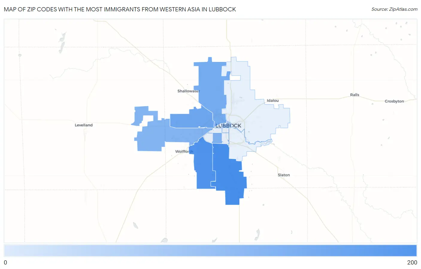 Zip Codes with the Most Immigrants from Western Asia in Lubbock Map