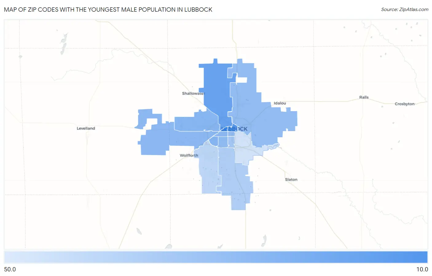 Zip Codes with the Youngest Male Population in Lubbock Map