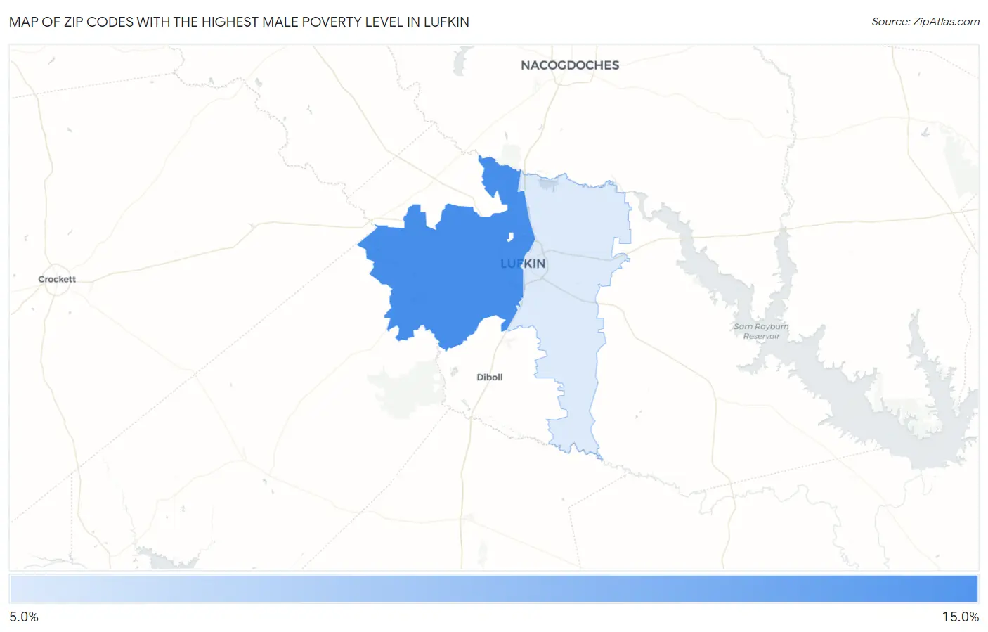 Zip Codes with the Highest Male Poverty Level in Lufkin Map