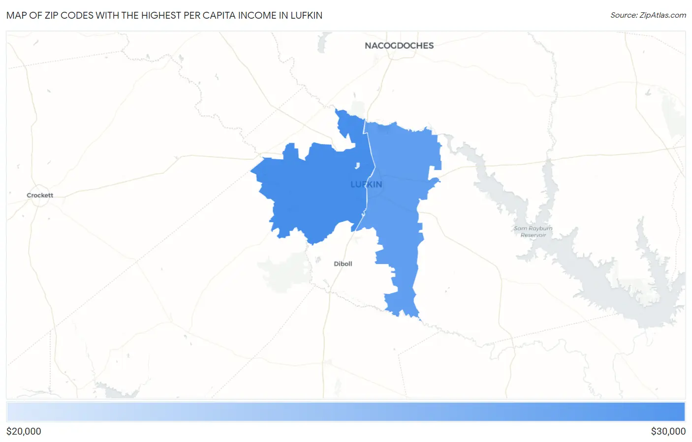 Zip Codes with the Highest Per Capita Income in Lufkin Map
