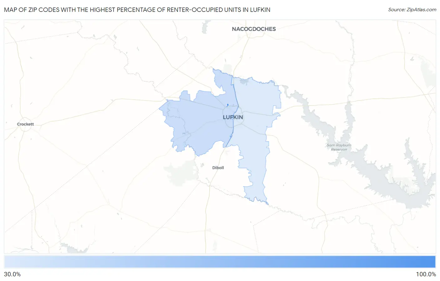 Zip Codes with the Highest Percentage of Renter-Occupied Units in Lufkin Map