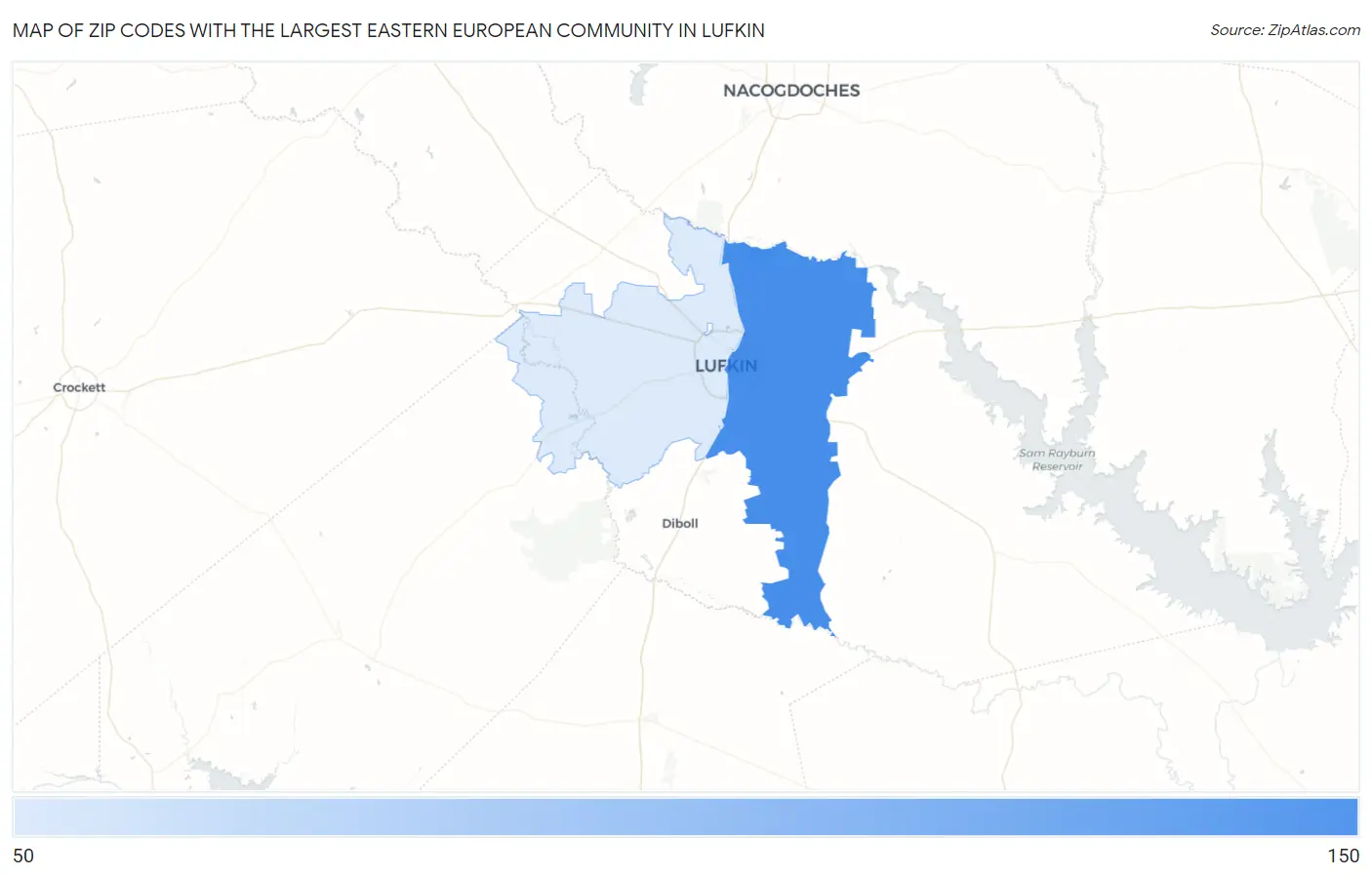 Zip Codes with the Largest Eastern European Community in Lufkin Map