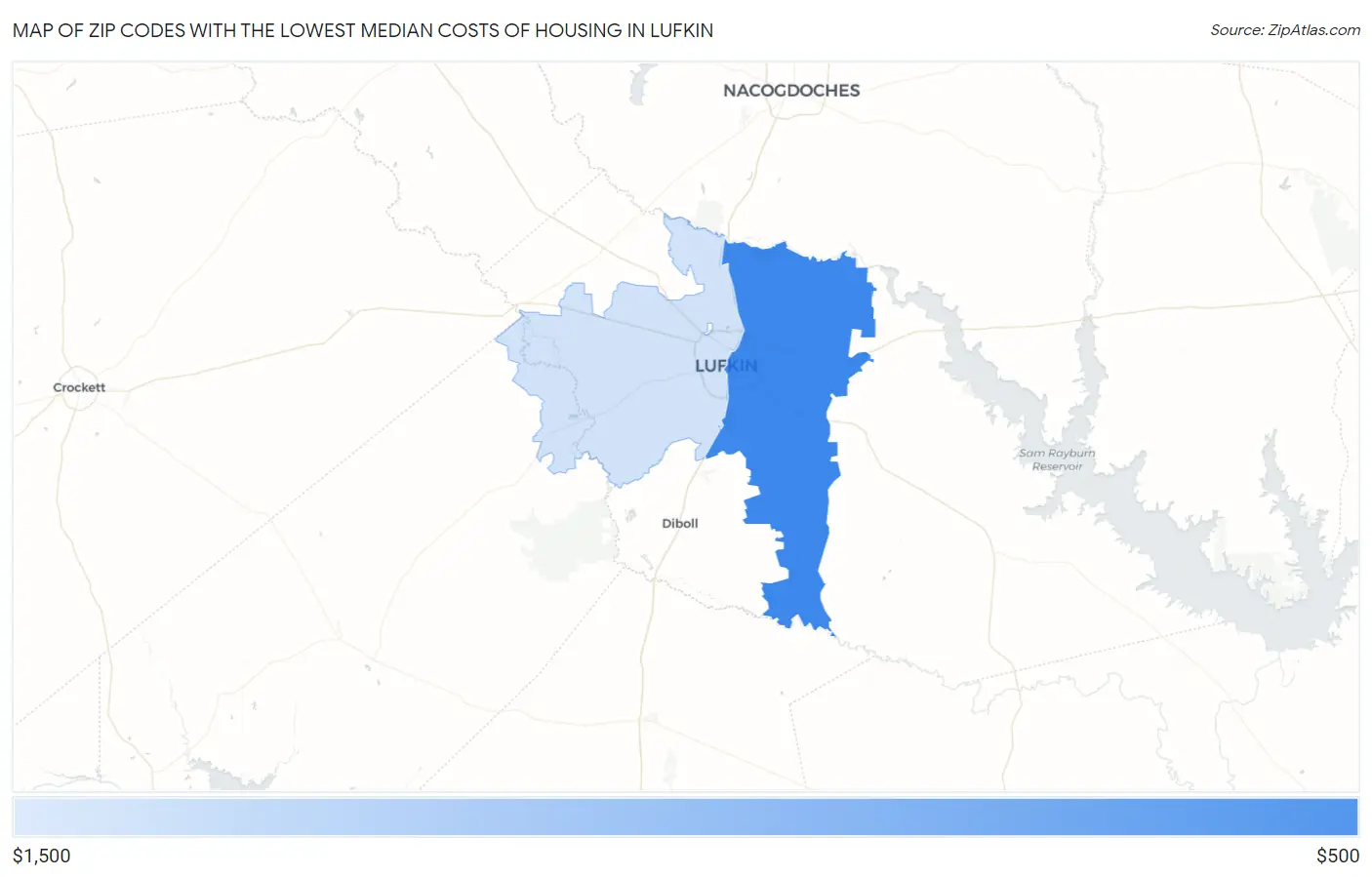 Zip Codes with the Lowest Median Costs of Housing in Lufkin Map