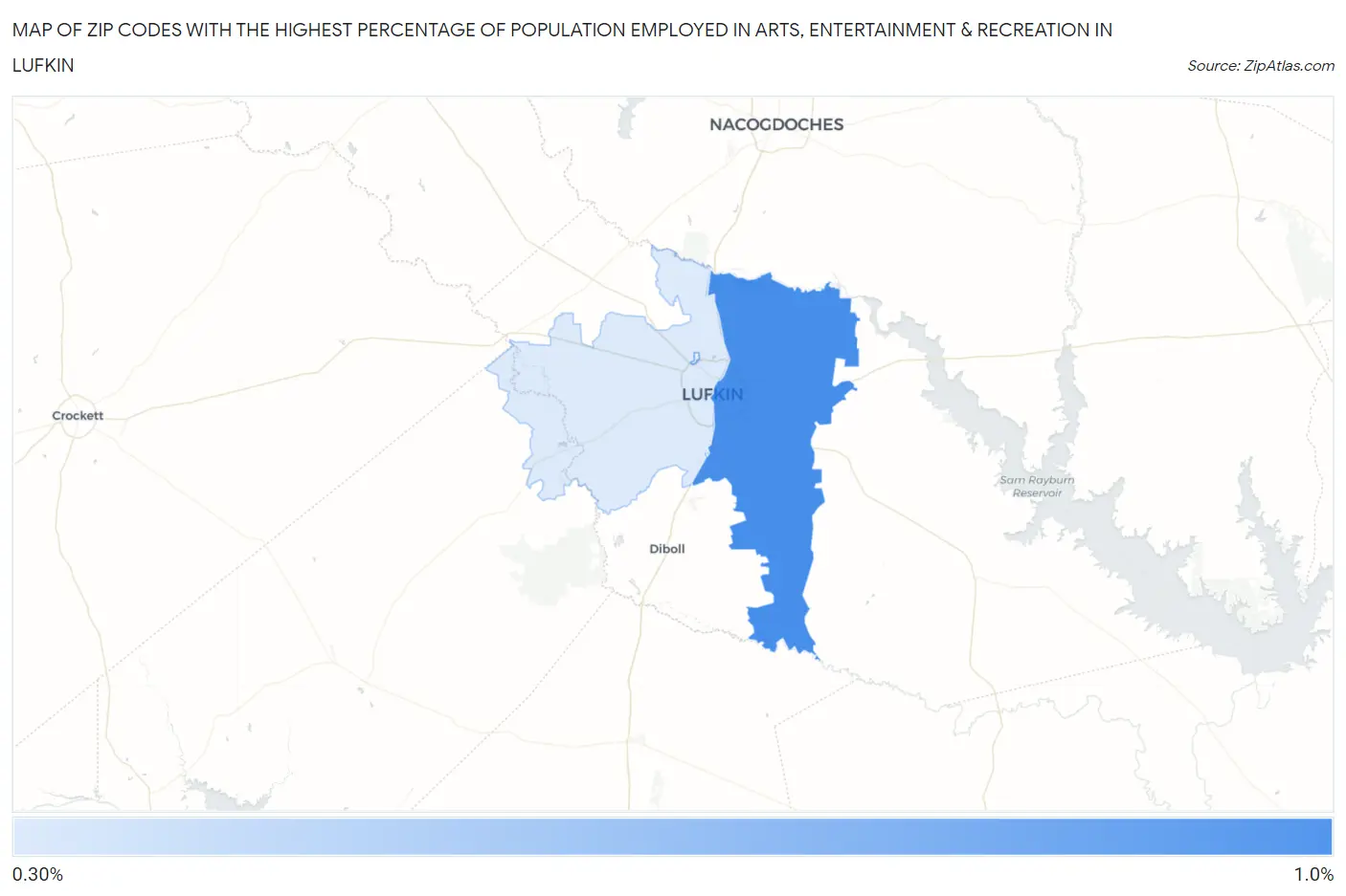 Zip Codes with the Highest Percentage of Population Employed in Arts, Entertainment & Recreation in Lufkin Map