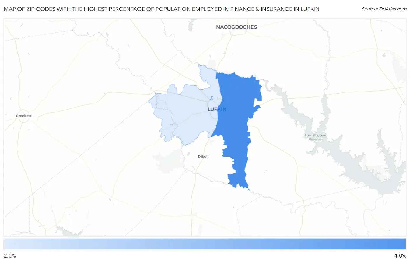 Zip Codes with the Highest Percentage of Population Employed in Finance & Insurance in Lufkin Map