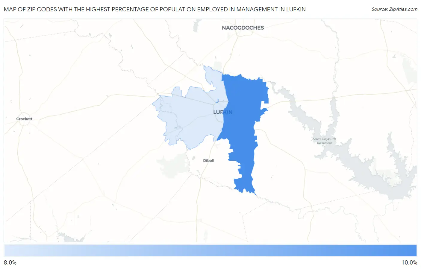 Zip Codes with the Highest Percentage of Population Employed in Management in Lufkin Map