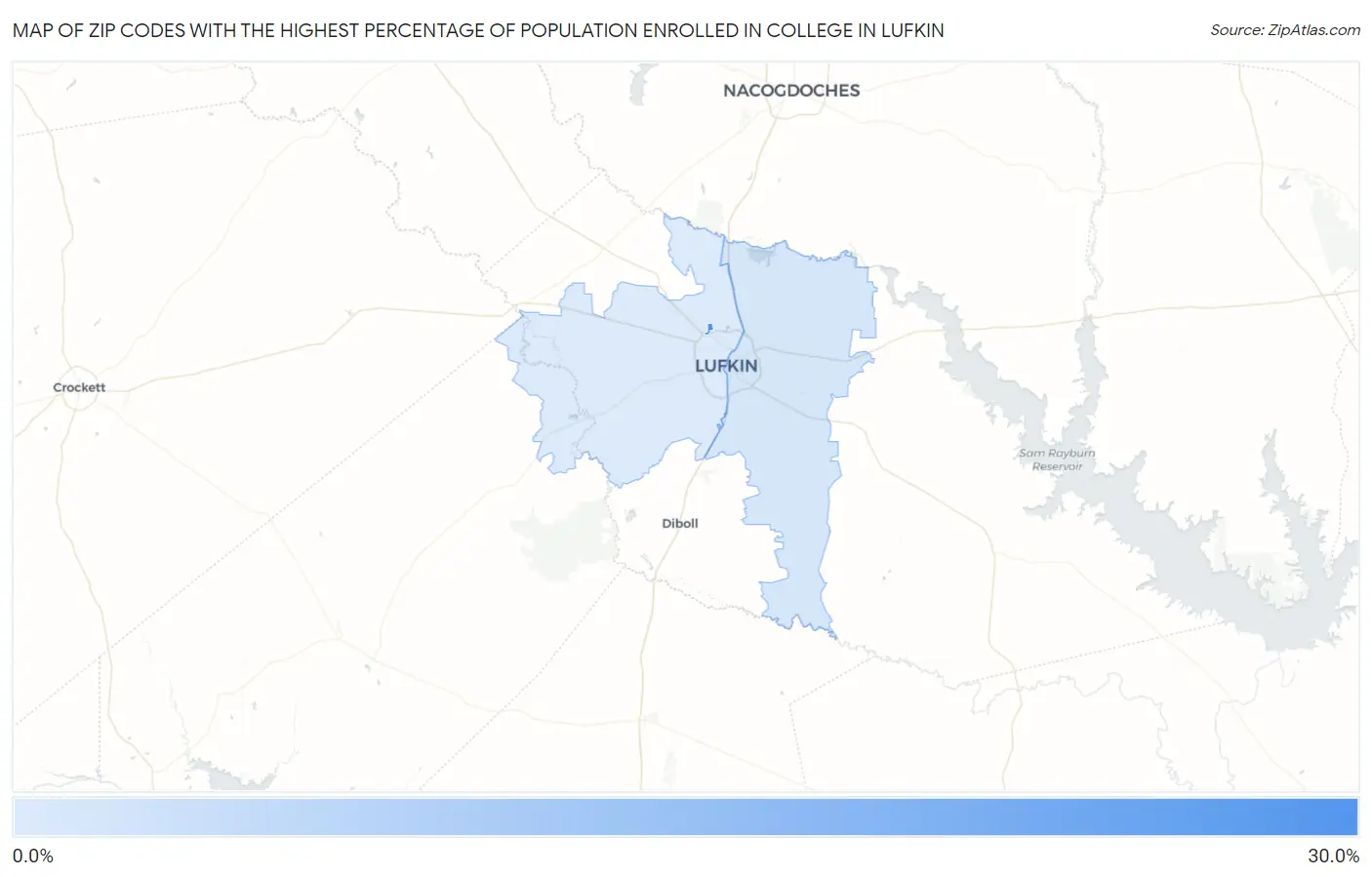 Zip Codes with the Highest Percentage of Population Enrolled in College in Lufkin Map