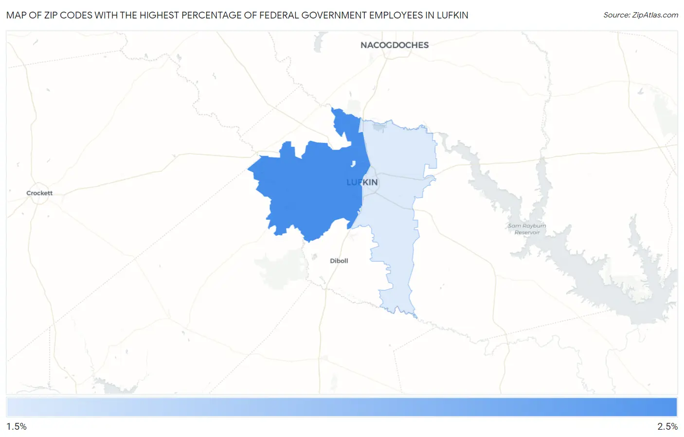 Zip Codes with the Highest Percentage of Federal Government Employees in Lufkin Map