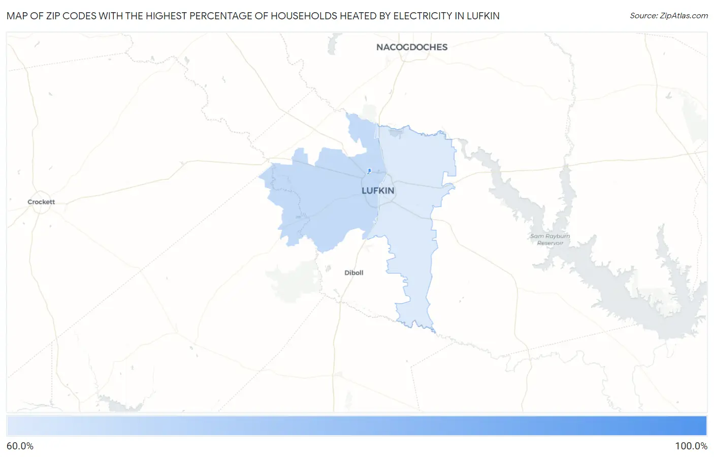 Zip Codes with the Highest Percentage of Households Heated by Electricity in Lufkin Map
