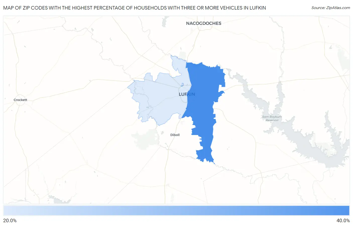 Zip Codes with the Highest Percentage of Households With Three or more Vehicles in Lufkin Map
