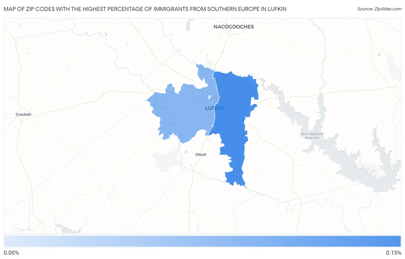 Zip Codes with the Highest Percentage of Immigrants from Southern Europe in Lufkin Map