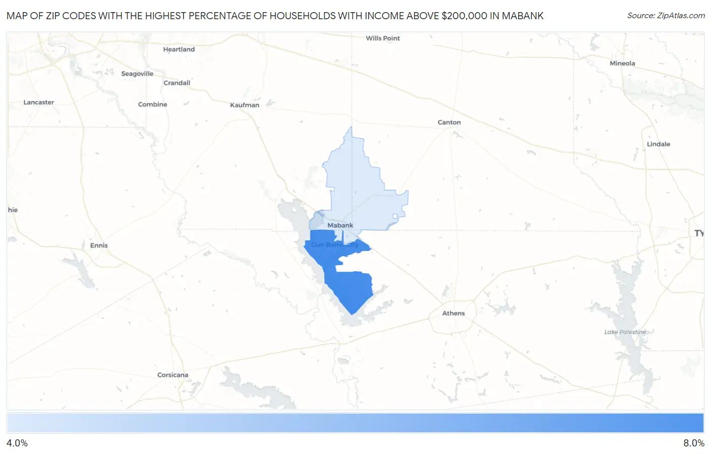 Zip Codes with the Highest Percentage of Households with Income Above $200,000 in Mabank Map