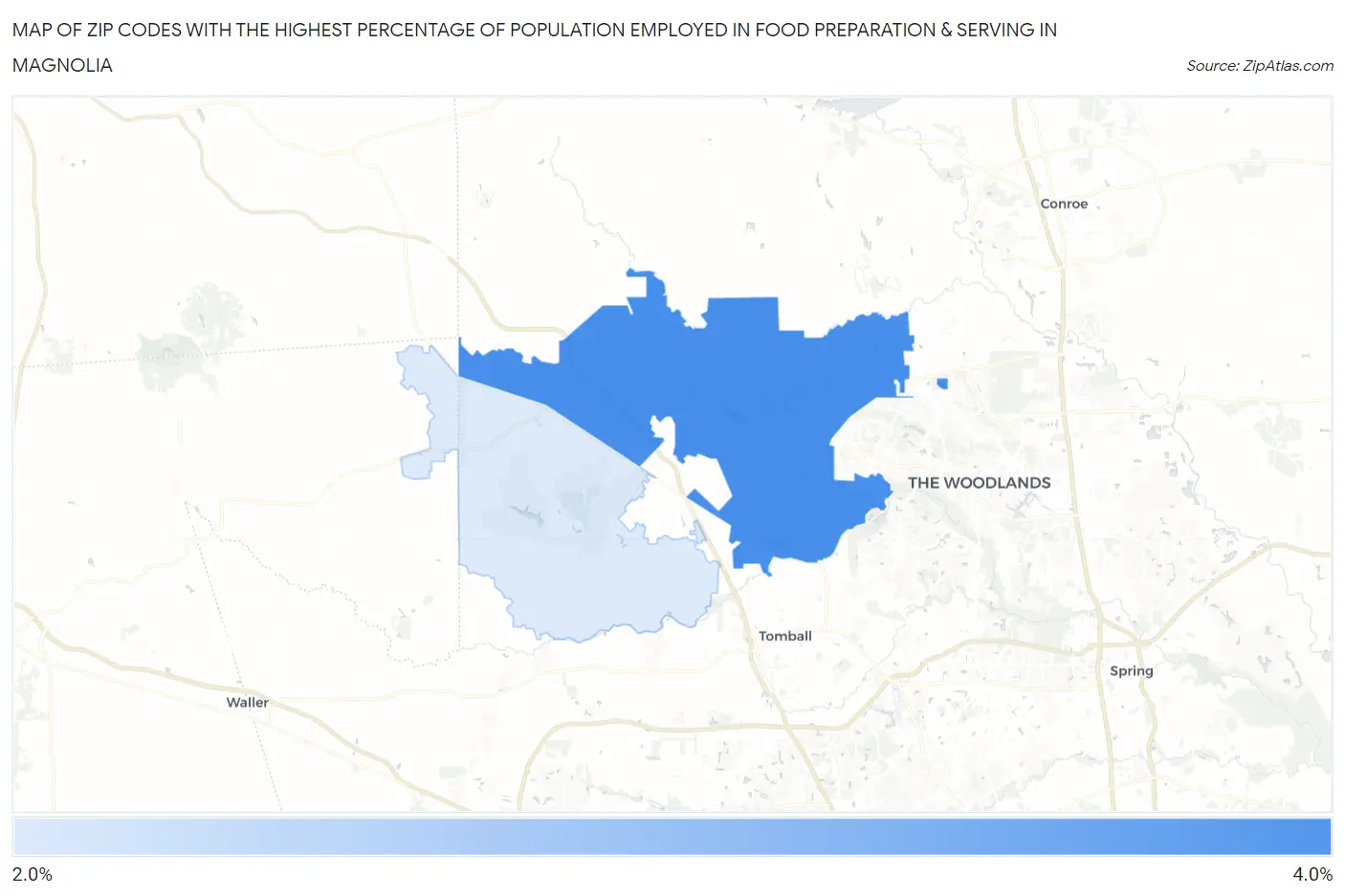 Zip Codes with the Highest Percentage of Population Employed in Food Preparation & Serving in Magnolia Map