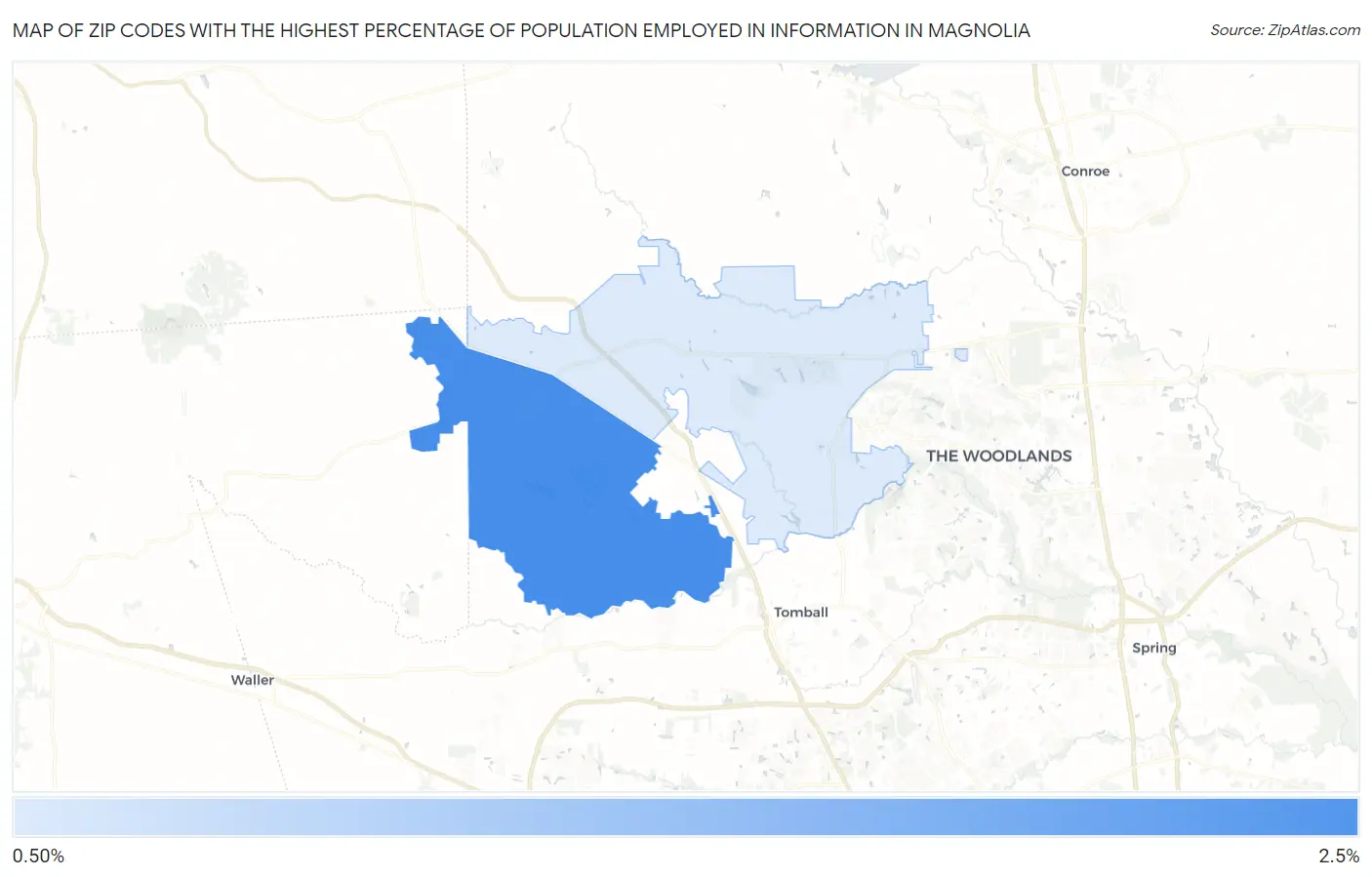 Zip Codes with the Highest Percentage of Population Employed in Information in Magnolia Map