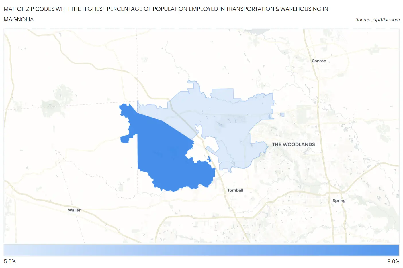 Zip Codes with the Highest Percentage of Population Employed in Transportation & Warehousing in Magnolia Map