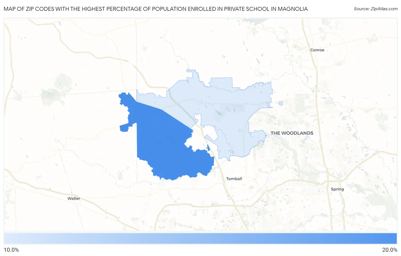 Zip Codes with the Highest Percentage of Population Enrolled in Private School in Magnolia Map