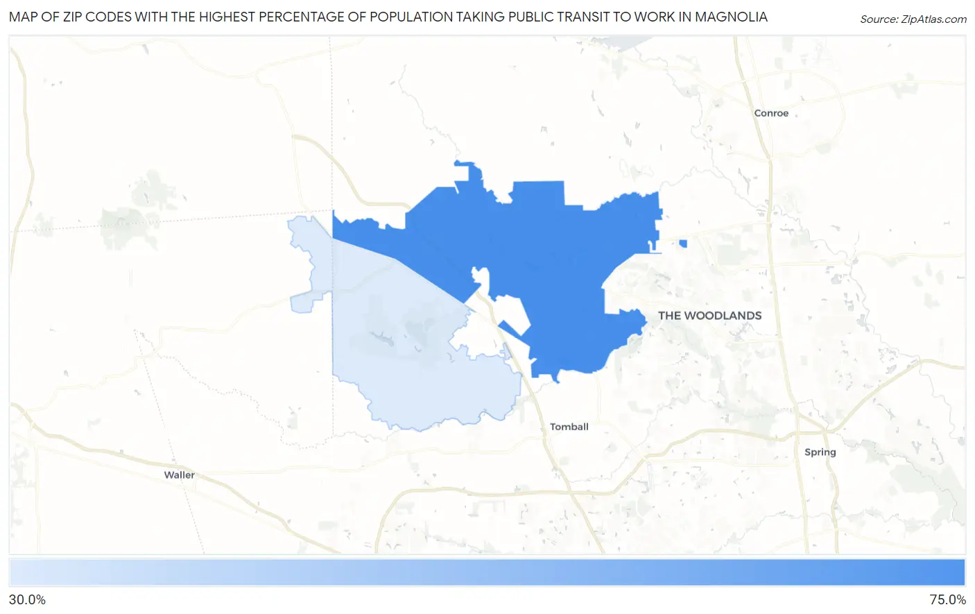 Zip Codes with the Highest Percentage of Population Taking Public Transit to Work in Magnolia Map