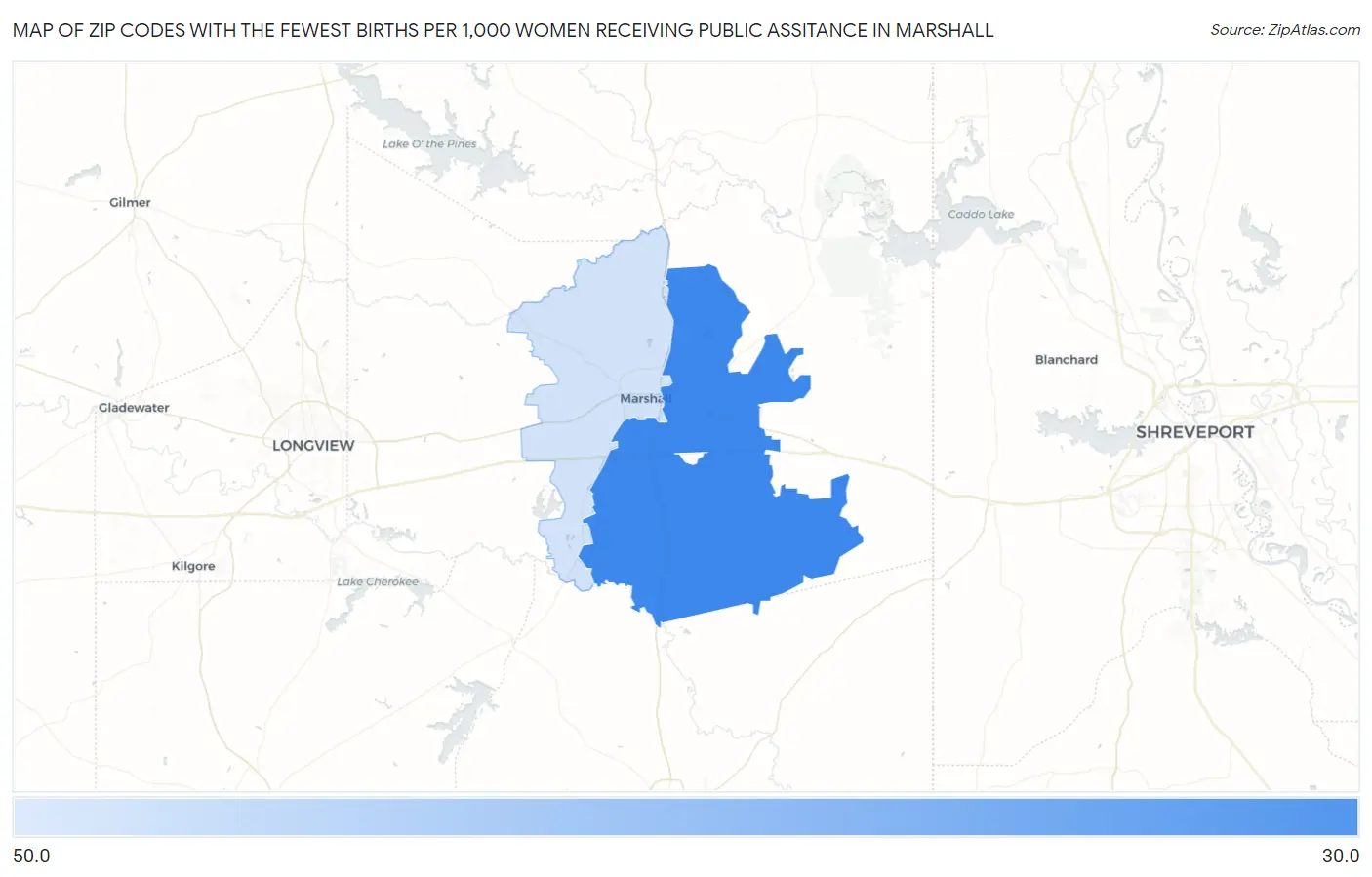 Zip Codes with the Fewest Births per 1,000 Women Receiving Public Assitance in Marshall Map