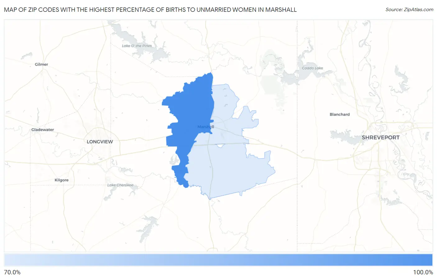 Zip Codes with the Highest Percentage of Births to Unmarried Women in Marshall Map