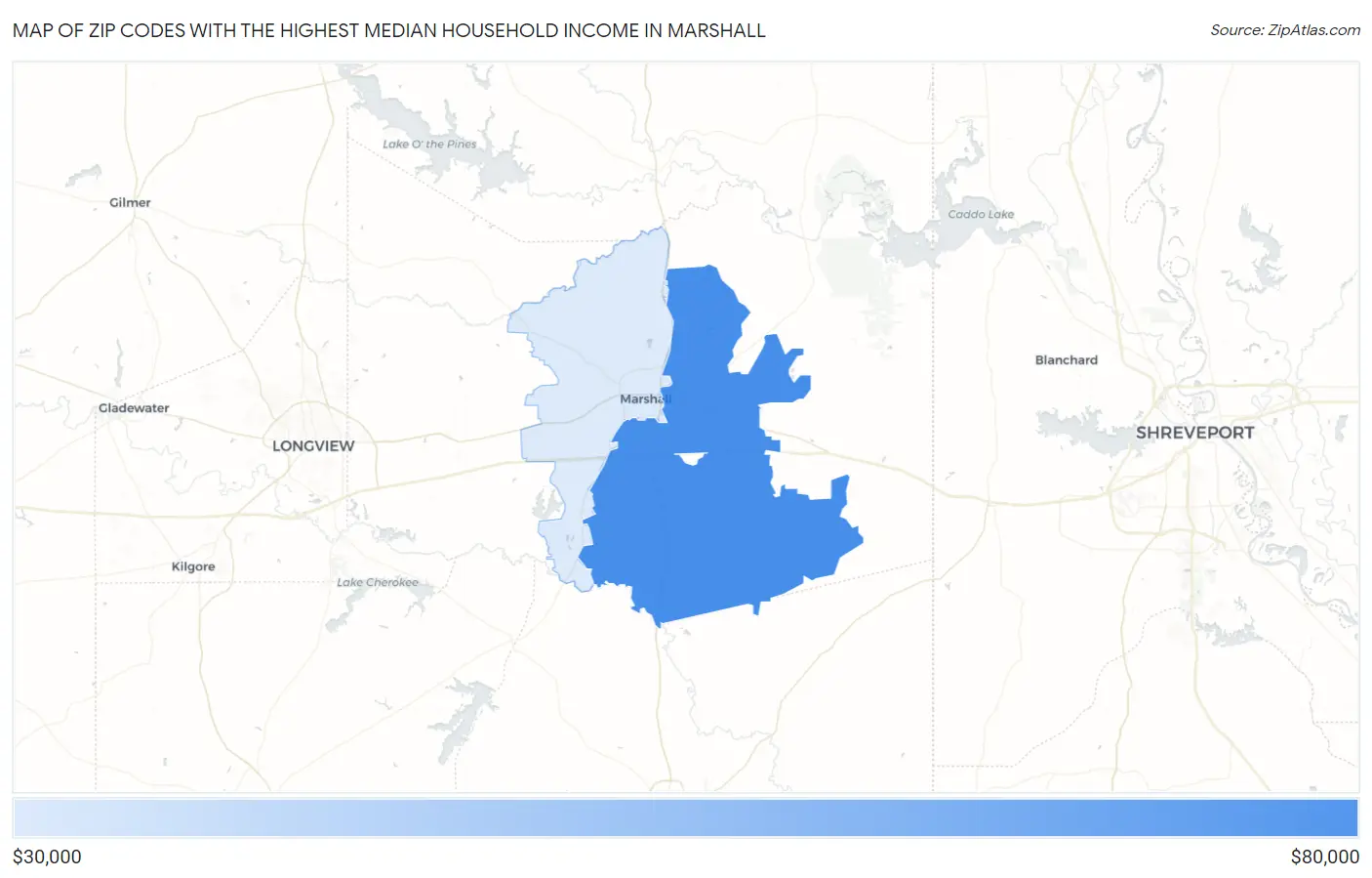 Zip Codes with the Highest Median Household Income in Marshall Map