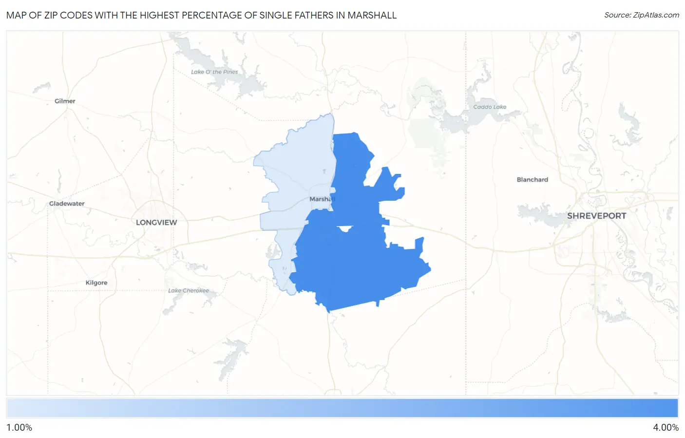 Zip Codes with the Highest Percentage of Single Fathers in Marshall Map