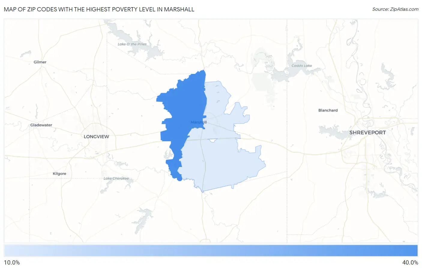 Zip Codes with the Highest Poverty Level in Marshall Map