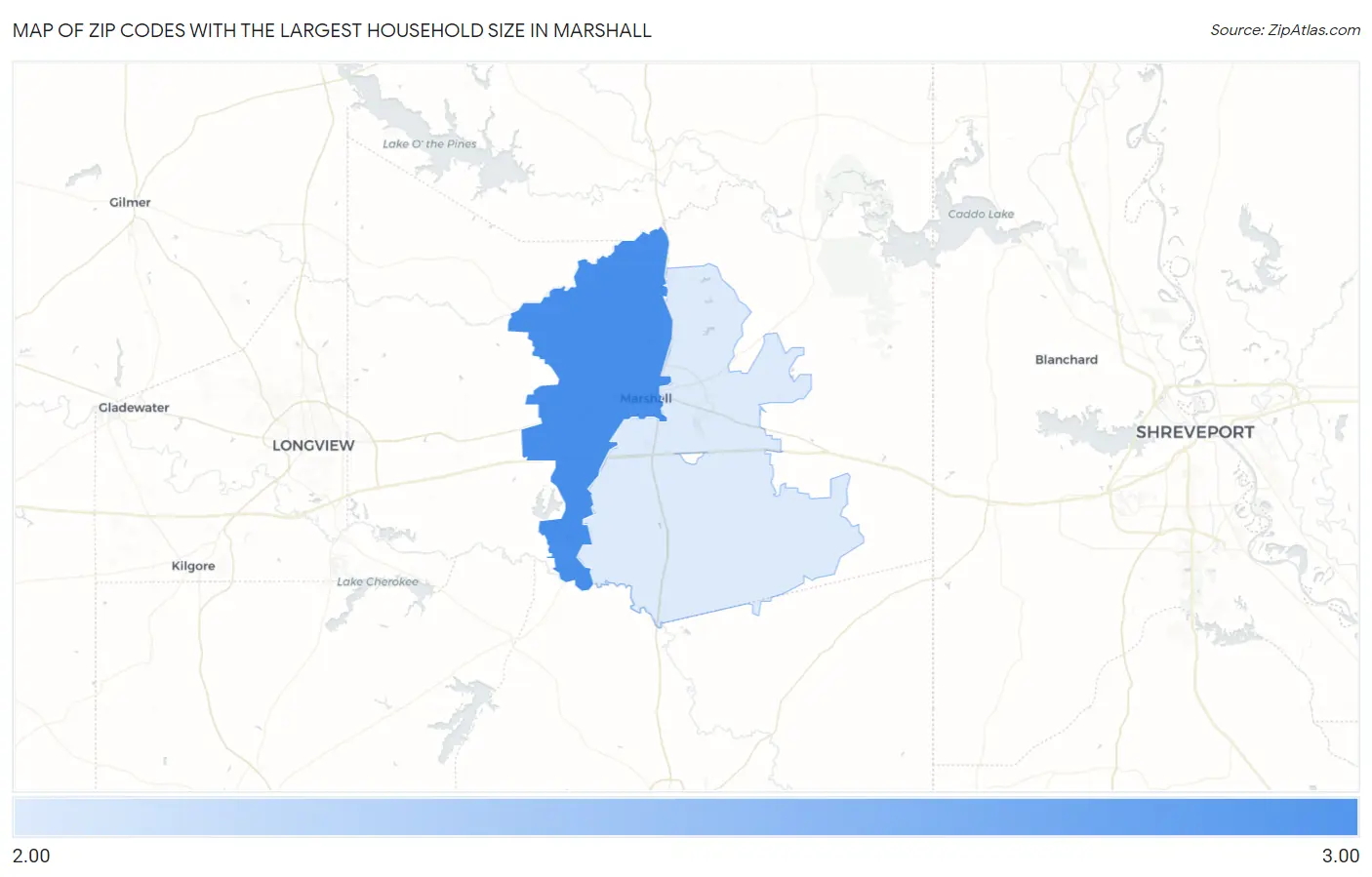 Zip Codes with the Largest Household Size in Marshall Map