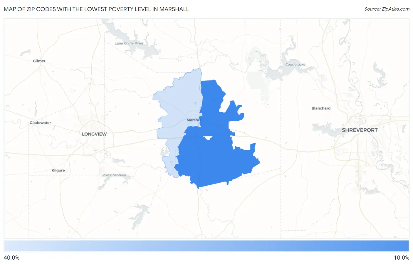 Zip Codes with the Lowest Poverty Level in Marshall Map