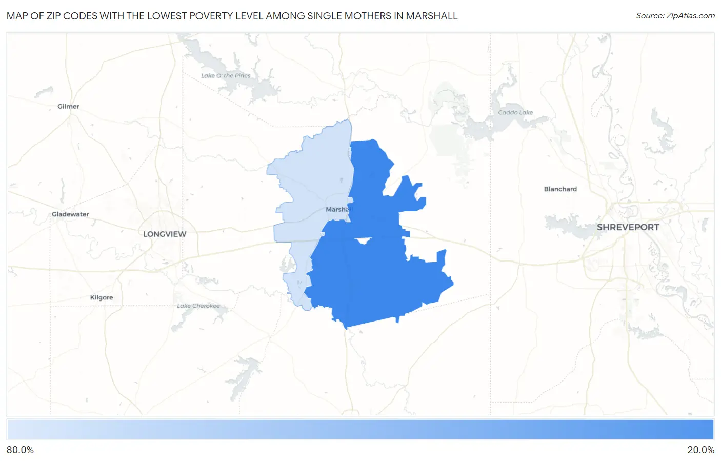 Zip Codes with the Lowest Poverty Level Among Single Mothers in Marshall Map