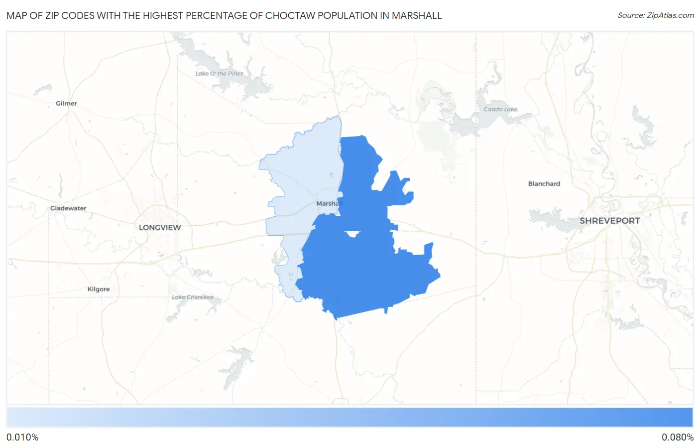 Zip Codes with the Highest Percentage of Choctaw Population in Marshall Map