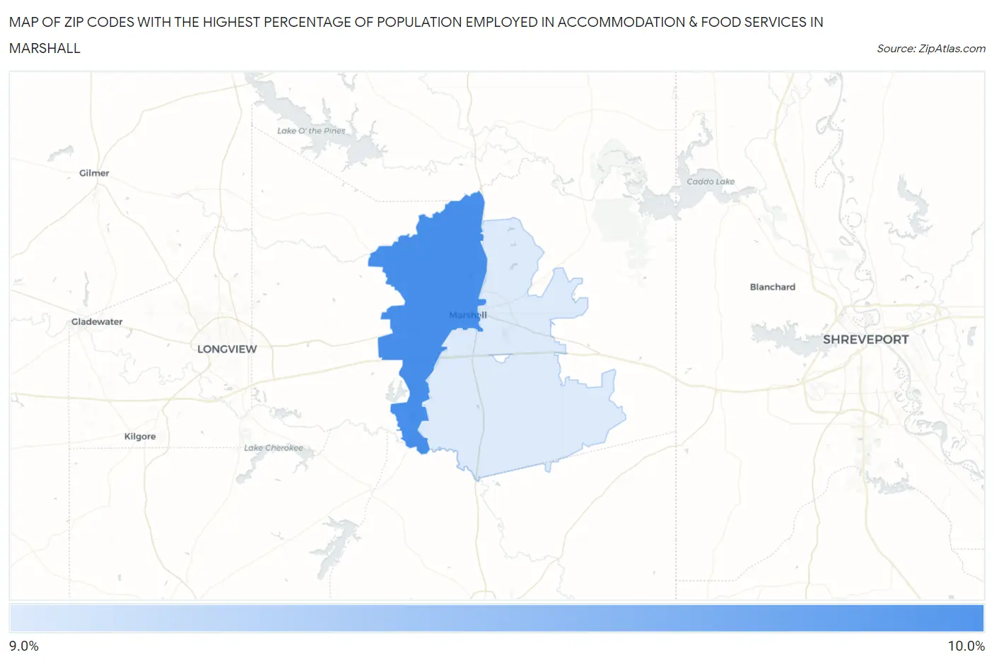 Zip Codes with the Highest Percentage of Population Employed in Accommodation & Food Services in Marshall Map