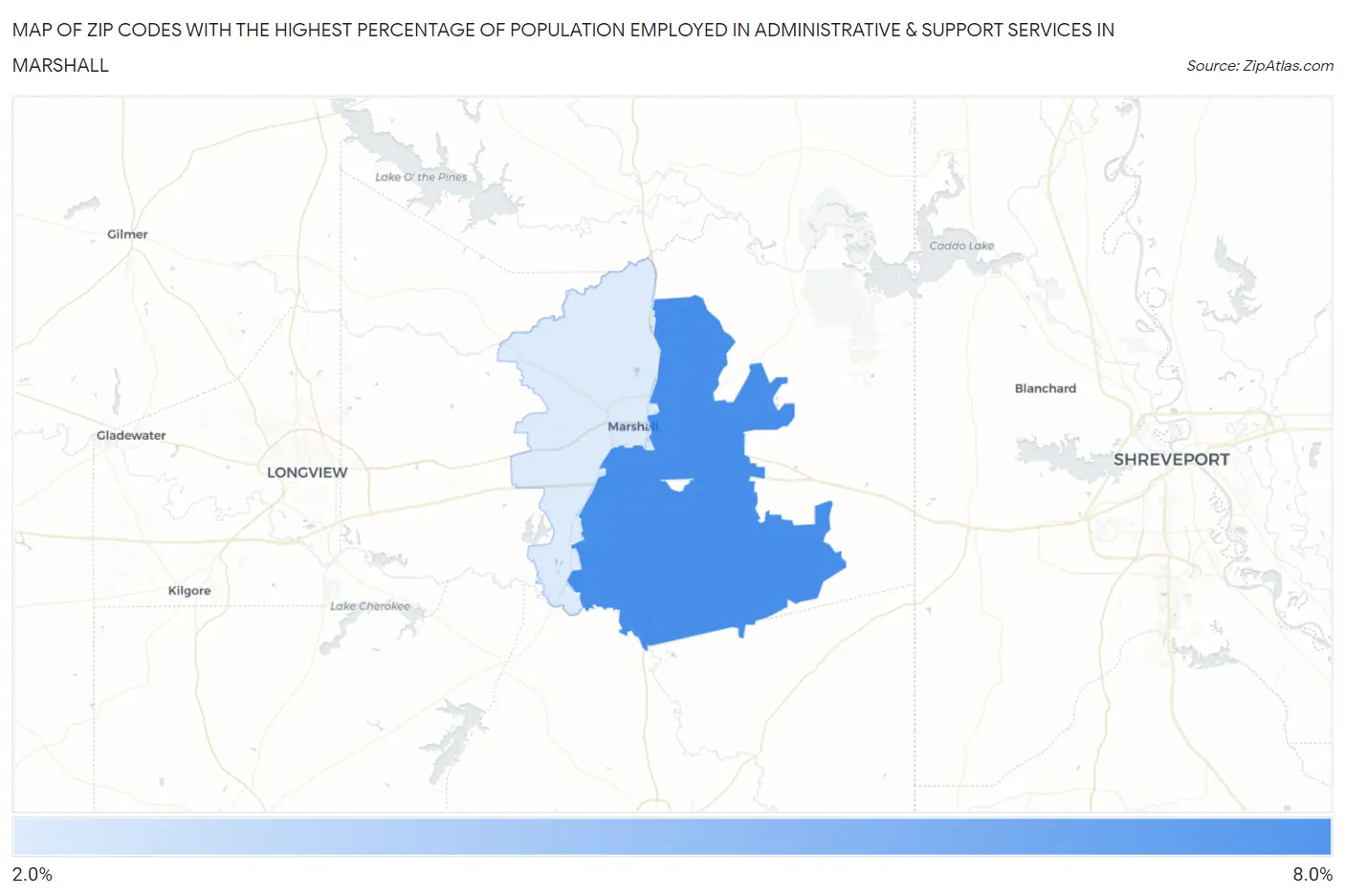 Zip Codes with the Highest Percentage of Population Employed in Administrative & Support Services in Marshall Map