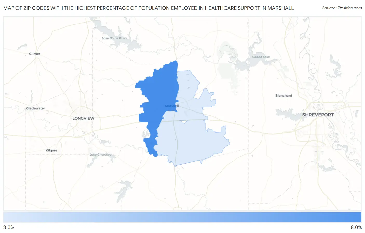 Zip Codes with the Highest Percentage of Population Employed in Healthcare Support in Marshall Map