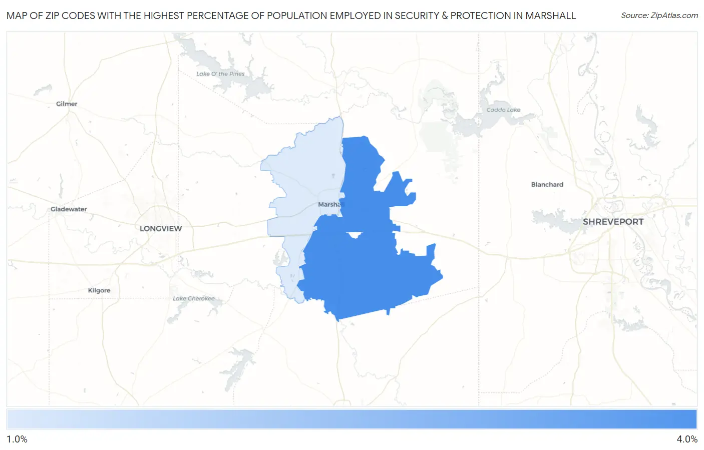 Zip Codes with the Highest Percentage of Population Employed in Security & Protection in Marshall Map
