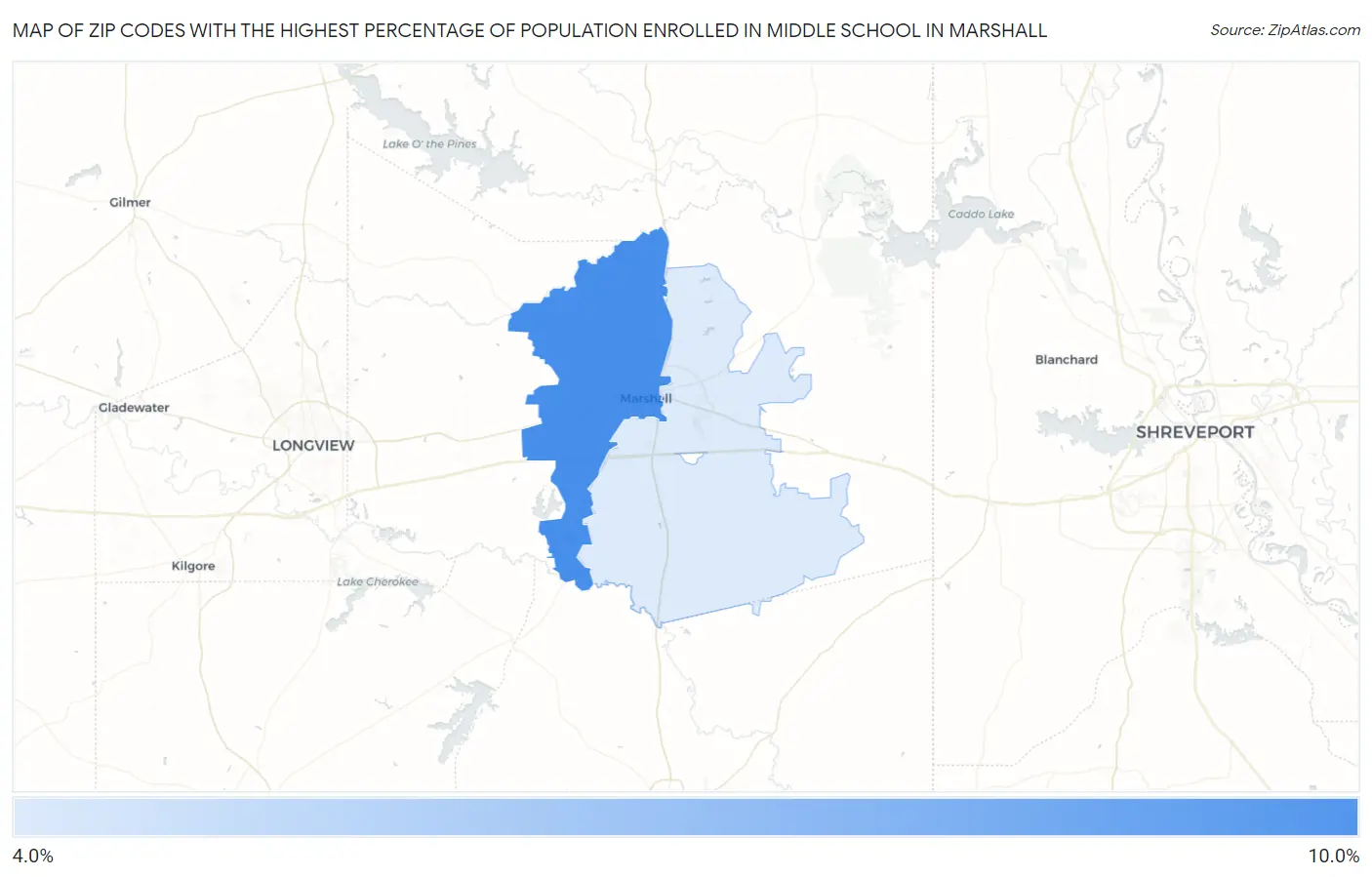 Zip Codes with the Highest Percentage of Population Enrolled in Middle School in Marshall Map