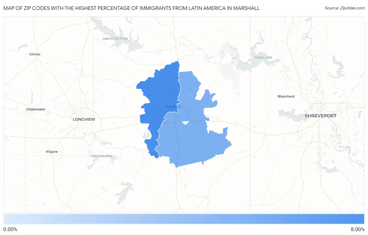 Zip Codes with the Highest Percentage of Immigrants from Latin America in Marshall Map