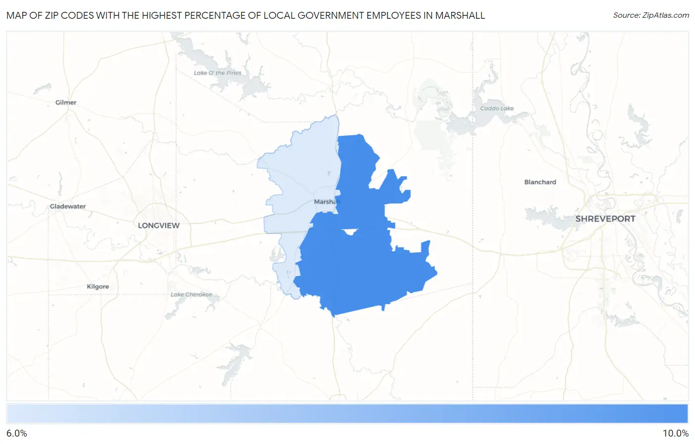 Zip Codes with the Highest Percentage of Local Government Employees in Marshall Map