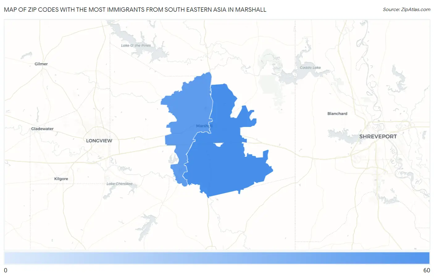 Zip Codes with the Most Immigrants from South Eastern Asia in Marshall Map