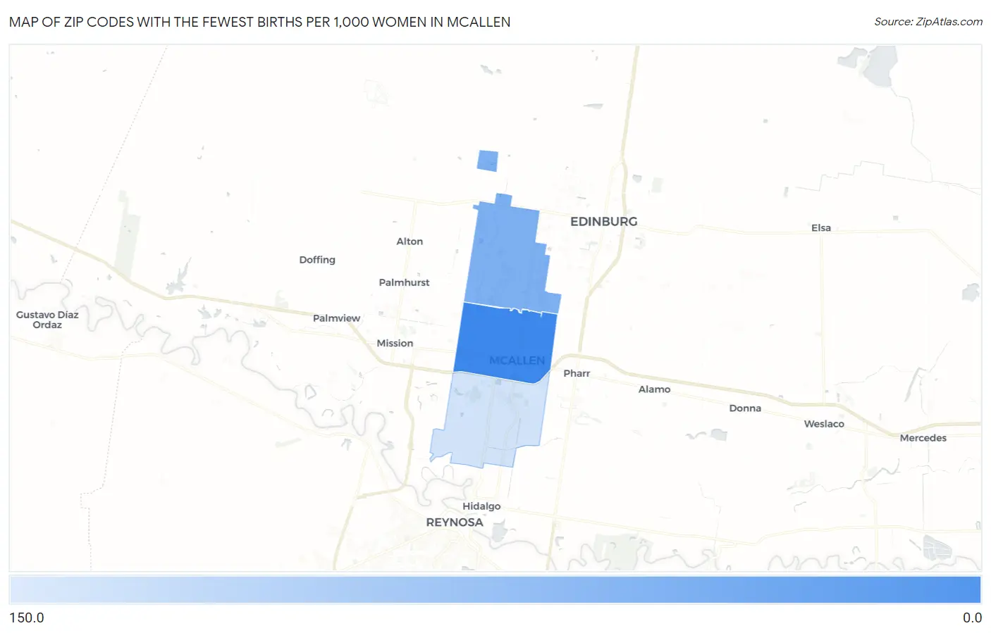 Zip Codes with the Fewest Births per 1,000 Women in Mcallen Map