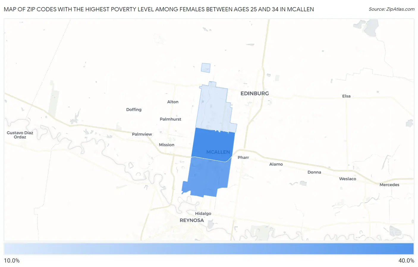 Zip Codes with the Highest Poverty Level Among Females Between Ages 25 and 34 in Mcallen Map