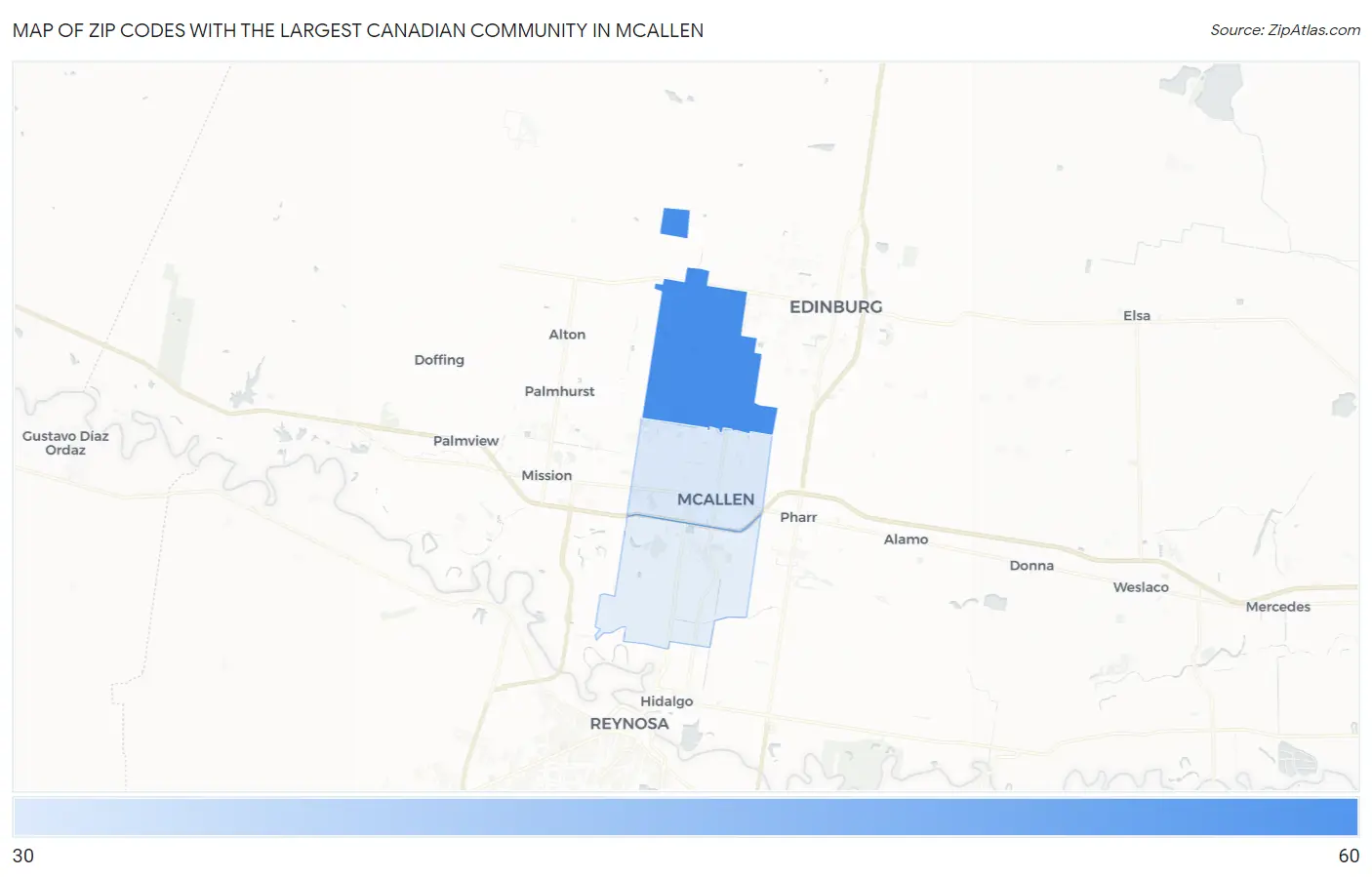 Zip Codes with the Largest Canadian Community in Mcallen Map