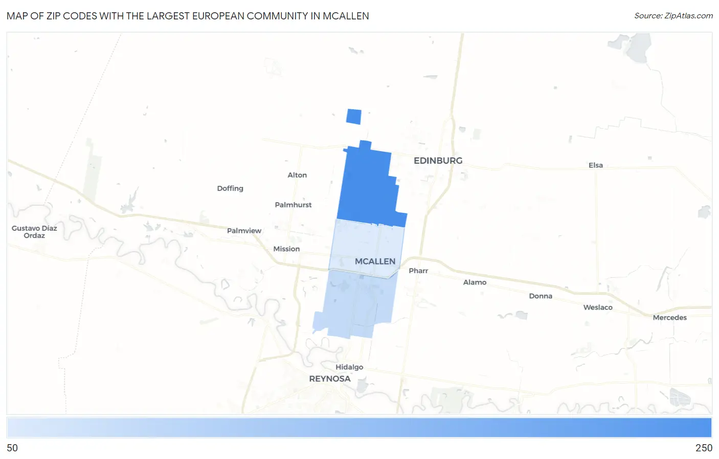 Zip Codes with the Largest European Community in Mcallen Map