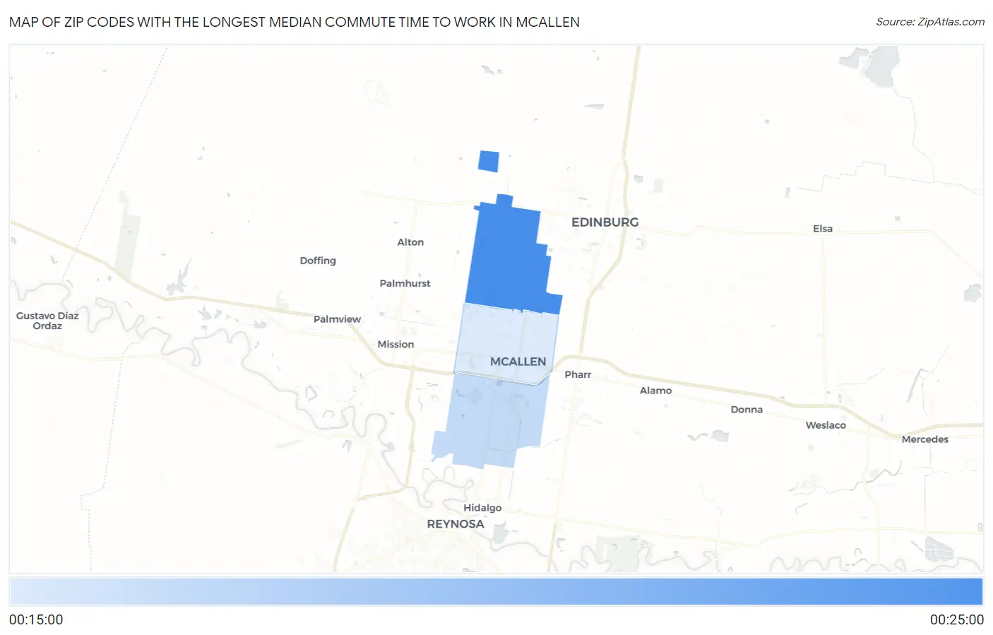 Zip Codes with the Longest Median Commute Time to Work in Mcallen Map