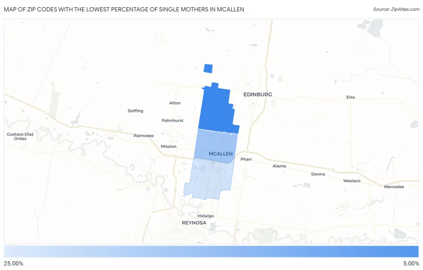 Zip Codes with the Lowest Percentage of Single Mothers in Mcallen Map